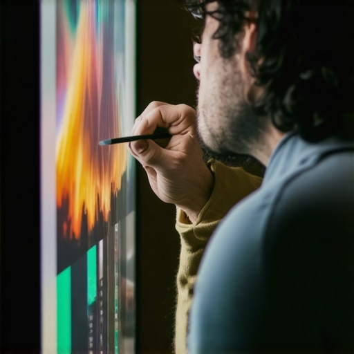Enthusiast calibrating OLED TV with professional tools in a dimly lit room
