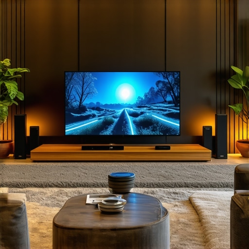 Living room with OLED TV, ambient lighting, and surround sound system creating an immersive entertainment space.