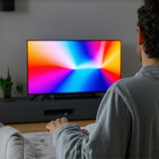 Person adjusting settings on a calibrated OLED TV in a cozy living room