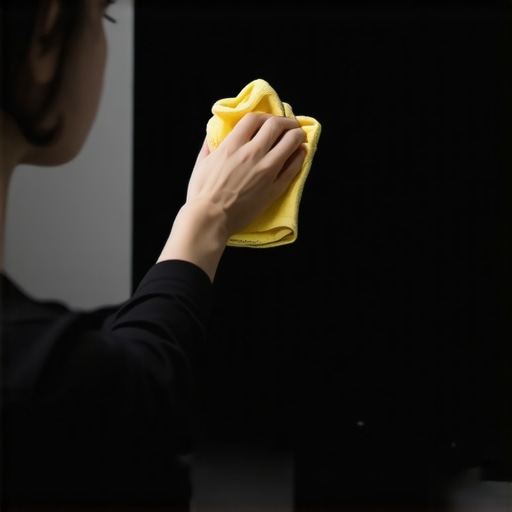 Person gently cleaning OLED TV screen with microfiber cloth in living room