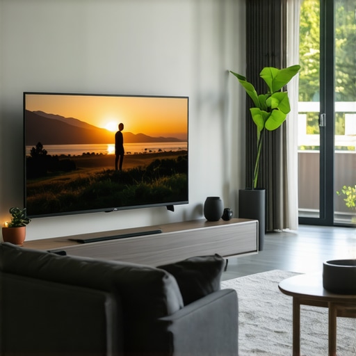 Living room featuring a large OLED TV displaying colorful HDR content