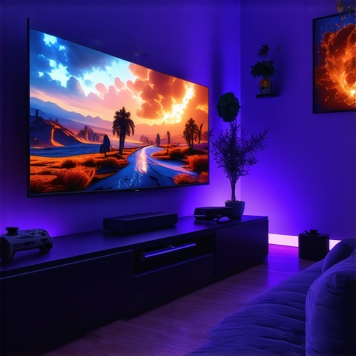 Modern home theater with OLED TV showing HDR content in a dimly lit room.