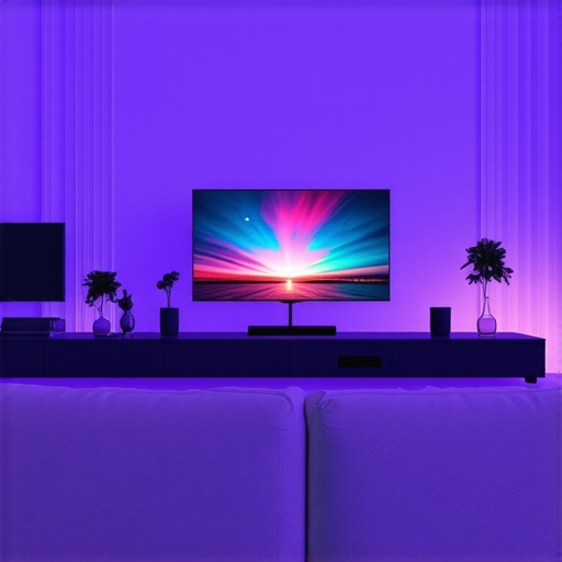 A sleek living room featuring a large OLED TV with vibrant display and ambient lighting for optimal viewing experience.