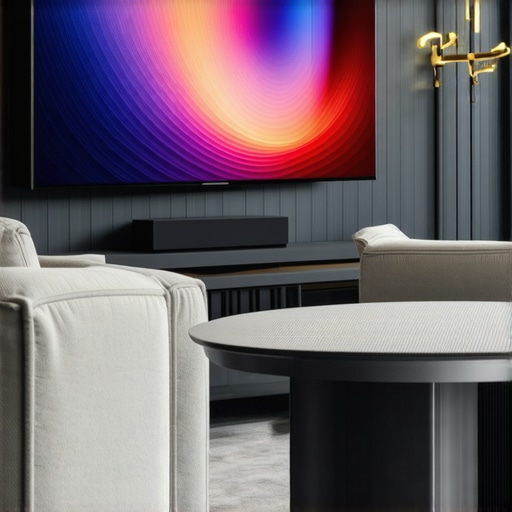 A stylish living room showcasing a 65-inch OLED TV playing HDR content with ambient lighting.