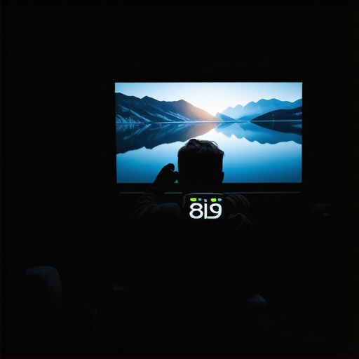 Person using a colorimeter to calibrate an OLED TV in a home theater setting.