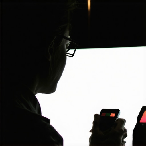 Person using color calibration device on OLED TV in a dimly lit room.