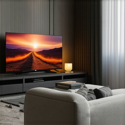 A contemporary living room with a large OLED TV showing bright HDR imagery, surrounded by mood lighting.