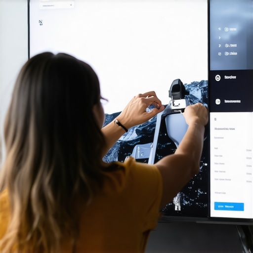 Person fine-tuning picture settings on a sleek OLED TV with visible on-screen calibration options.