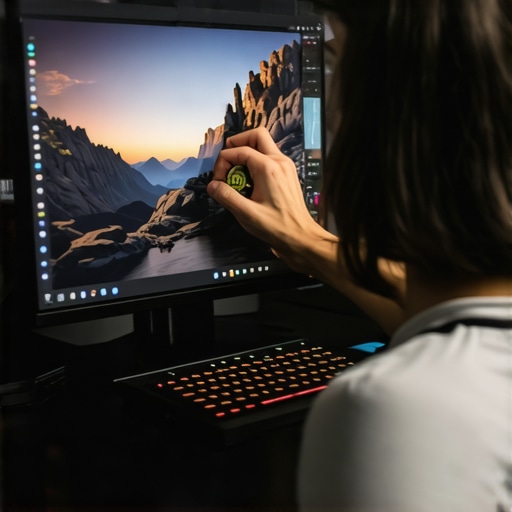 Person adjusting color and black levels on an OLED gaming monitor with calibration tools.
