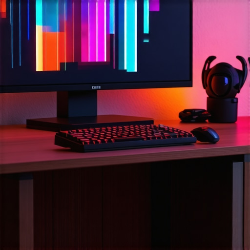 A tidy small workspace featuring a 32-inch OLED monitor mounted on a wall arm with organized cables and ambient lighting