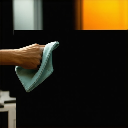 Person cleaning OLED TV screen with microfiber cloth in a home theater setting