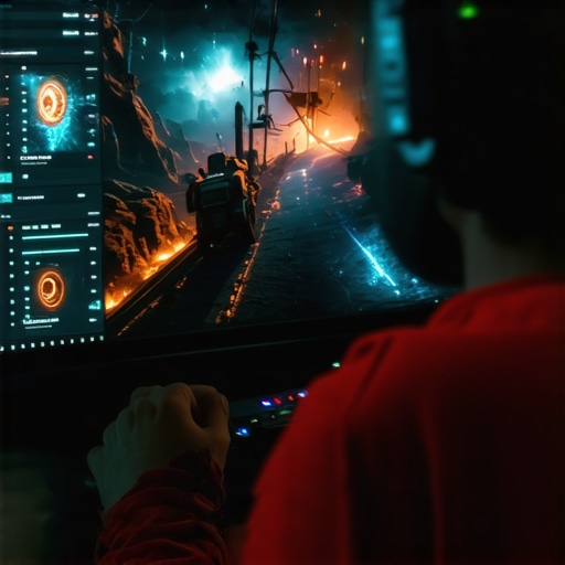 Gamer calibrating settings on a high-end OLED gaming monitor for tear-free gameplay.