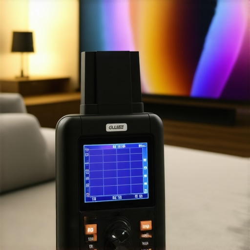 A technician calibrating an OLED TV using precise measurement devices in a modern living room.
