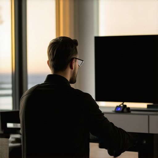 Technician using calibration tools on an OLED TV in a home theater environment.