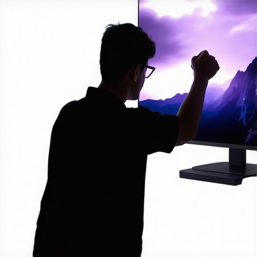 Person adjusting OLED TV settings using calibration device in a controlled environment