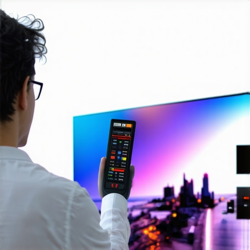 Calibration Tools for Optimal OLED Performance Person adjusting OLED TV using a calibration device in a dark room.